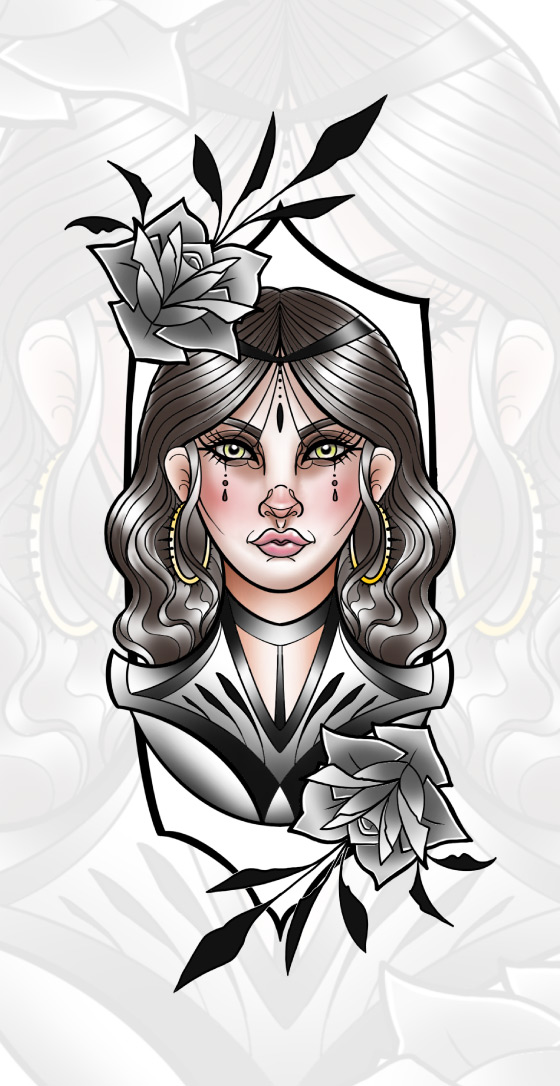 Neo Trad Lady Head Tattoo Design Available