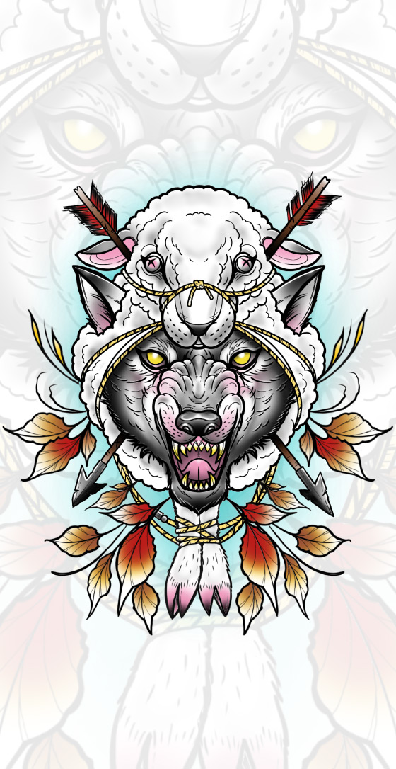 Neo Trad Wolf in Sheeps Clothing Tattoo Design Available